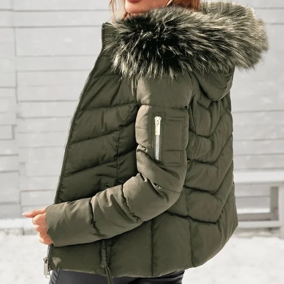 Cozy Zipper Vegan Fur Hooded Puffer Jacket Coat